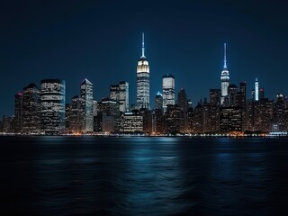Obraz premium New York City Skyline at Night with Illuminated Skyscrapers