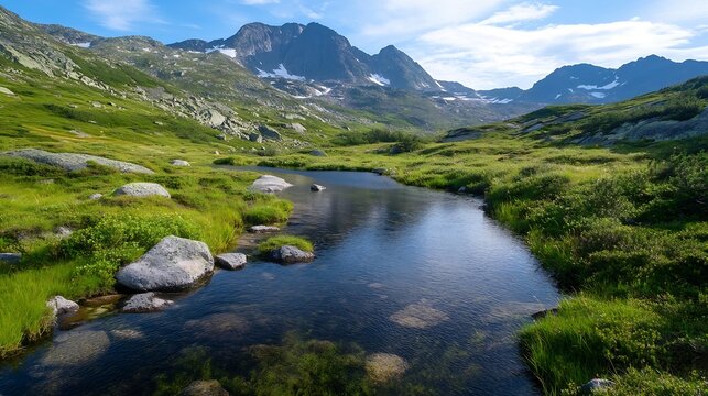 Stunning mountain scenery with a clear stream and lush green mosscovered rocks : Generative AI