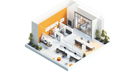 Isometric view of a modern and sustainable open plan office space design