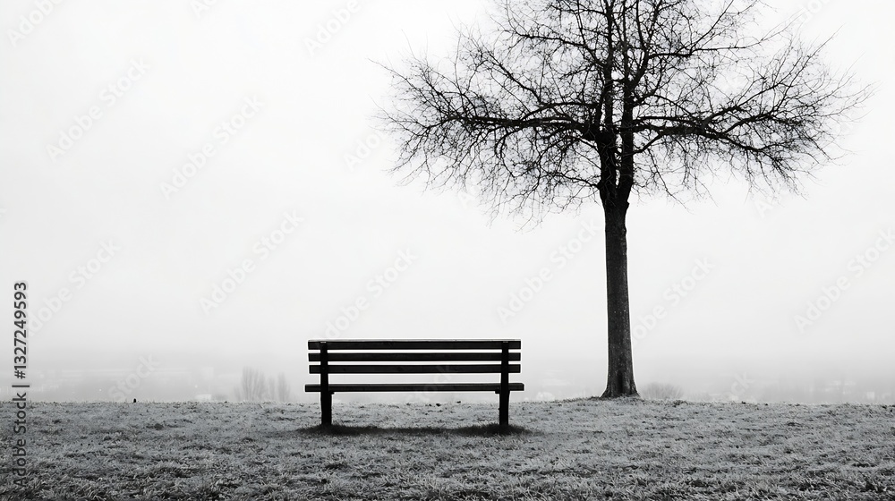 Poster Bare Bench Under a Leafless Tree in a Foggy Landscape Captured in Black and White : Generative AI