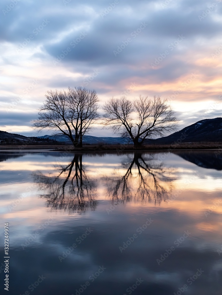 Poster breathtaking landscape with two trees reflecting in a calm lake at sunset with dramatic skies : gene