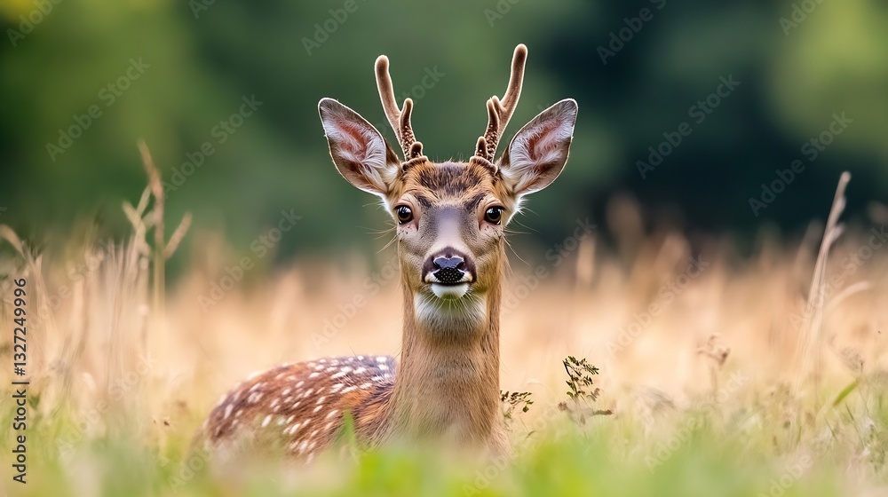 Poster closeup of a young deer with antlers majestically standing in a field of tall grass : generative ai
