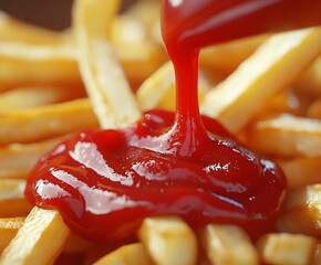 close-up shot of ketchup being poured from a glass bottle onto golden french fries against a vibrant green background capturing a classic snack moment