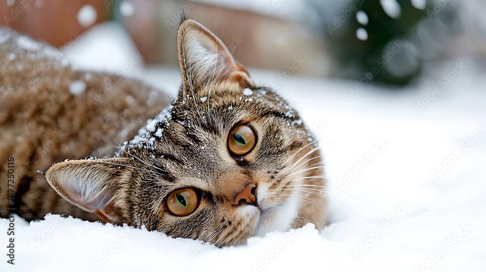 Poster adorable snowy cat curled up in the wintry white landscape with soft flakes falling : generative ai