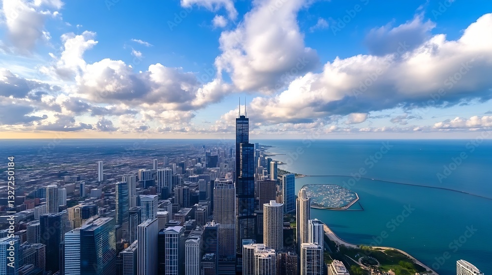 Poster stunning aerial view of a bustling city skyline with clouds and a calm lake in the distance : genera
