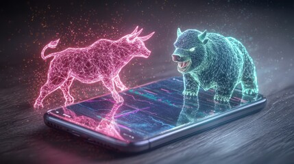 Bull and Bear Icons Over Smartphone Stock Trading App Interface Depicting Financial Market Dynamics