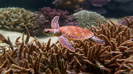 Colorful Sea Turtle Swimming Gracefully Over Vibrant Coral Reef Underwater Scene