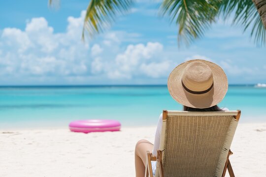 A woman is sitting on a beach chair with a pink inflatable float in the background. The scene is peaceful and relaxing, with the ocean and the sun providing a perfect setting for a day of leisure