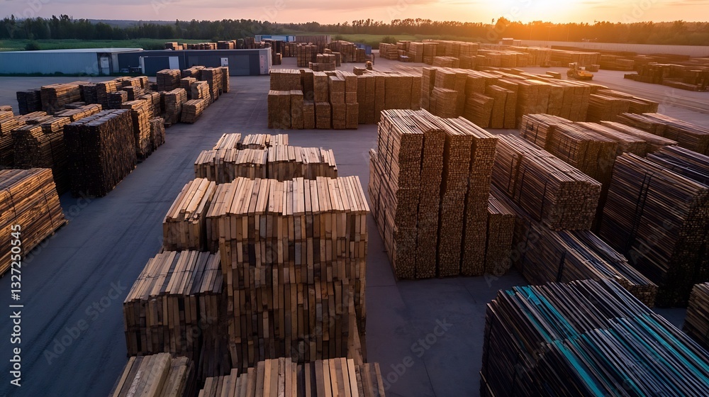 Poster aerial view of a lumber yard with neatly stacked wooden beams at sunset : generative ai