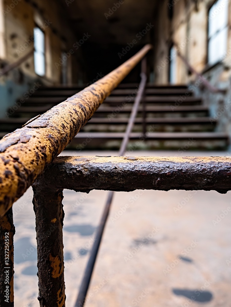 Aufkleber rusty iron railings leading up a worn staircase in an old abandoned building showcasing vintage atmo