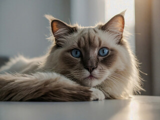 Curious ragdoll cat peeking over a white table with soft lighting.