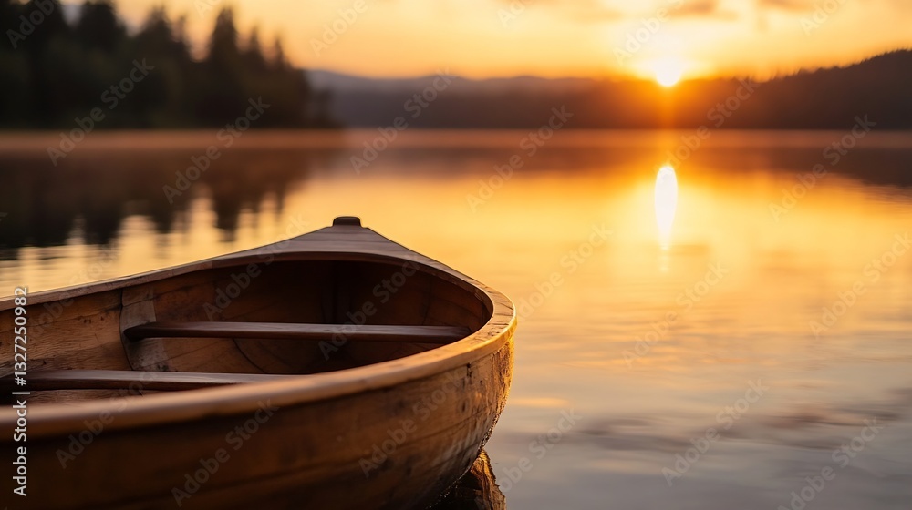 Poster a rustic wooden boat gently floating on calm waters during a stunning sunset in a tranquil landscape
