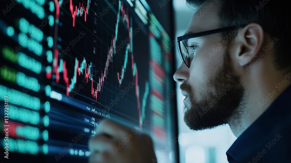 Poster young man with glasses thoughtfully analyzing stock market trends displayed on a large screen in an 