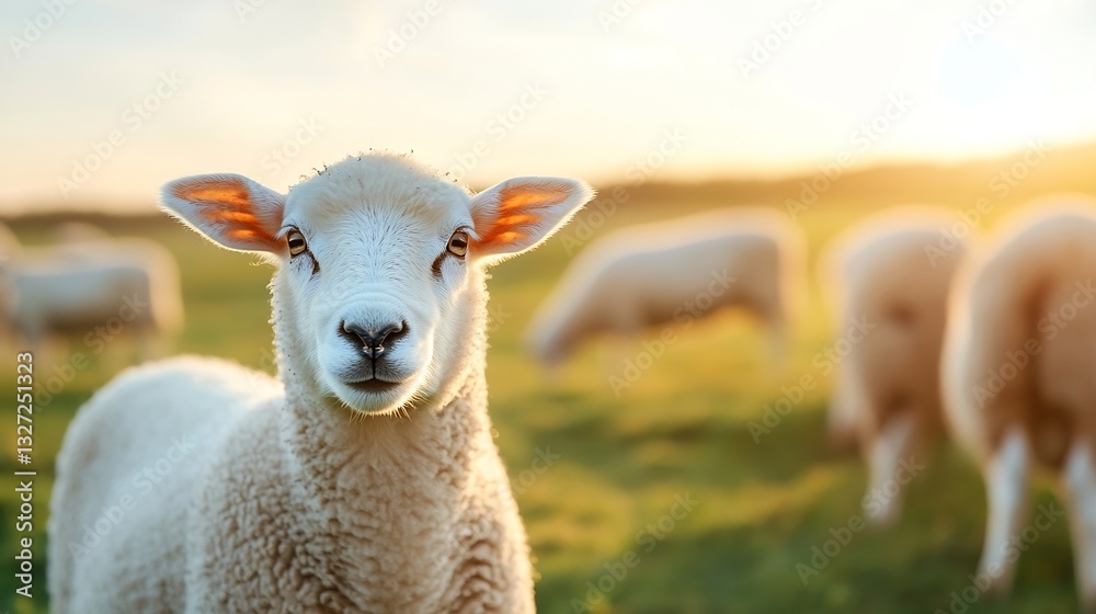 Poster a curious sheep looking directly at the camera with a pastoral background during sunset : generative