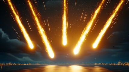 Dramatic Meteor Shower Over Calm Waters at Night with Fiery Streaks Across the Sky