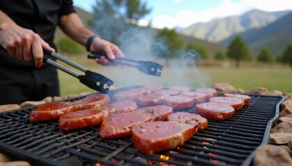 Grilled alpaca meat steaks sizzle on an outdoor barbecue in a picturesque mountainous setting. Smoke and flames add rustic charm, with clear skies enhancing the natural ambiance