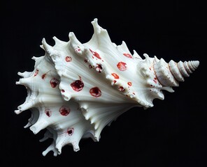 Close-up of a spiky, white seashell with red spots against a black background, showcasing its intricate textures and patterns.