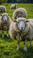 Fototapeta premium Curious sheep in a lush green pasture.