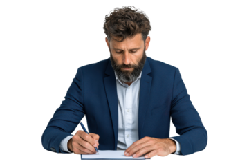 Businessman in suit writing on paper, isolated on transparent background