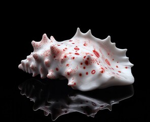 Elegant white and red seashell on a reflective black surface, showcasing its intricate patterns and textures.