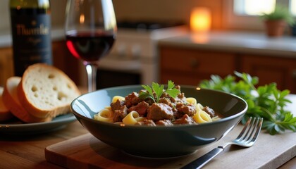 A cozy bowl of beef stroganoff with tender pasta, creamy sauce, and fresh parsley garnish, served alongside bread slices and a glass of red wine on a rustic wooden table