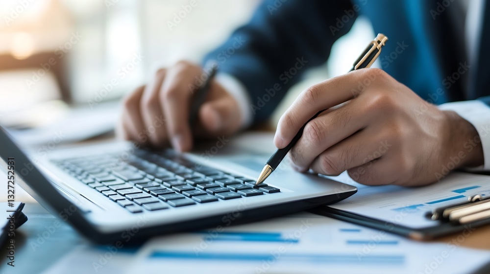 Aufkleber business professional writing notes while working on a laptop surrounded by documents in a modern of
