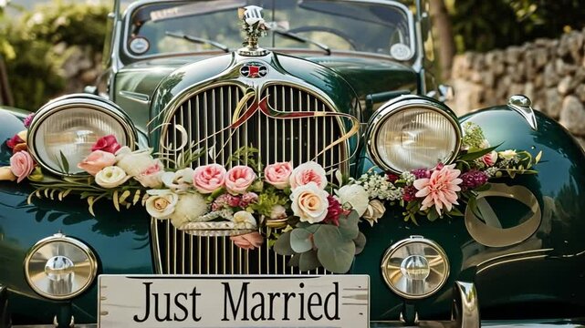 Oldtimer Hochzeitsauto mit Just Married Schild