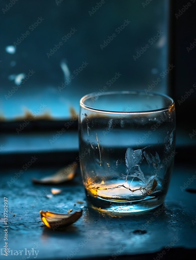 Poster beautifully lit broken glass with fragments on a dark surface capturing light effects : generative a