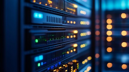 Close Up of Modern Data Center Server Rack with Colorful LED Lights Display : Generative AI