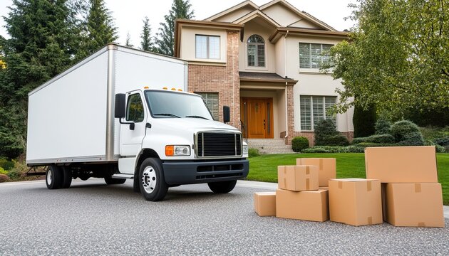 A moving truck parked outside a house, surrounded by cardboard boxes, indicating a home relocation or delivery.