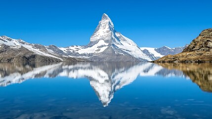 Scenic View of Matterhorn Mountain Reflecting in Clear Lake Under Bright Blue Sky