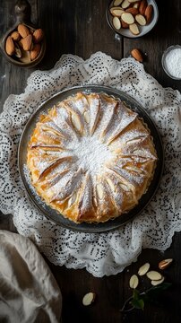 Classic Pithivier with powdered sugar top, isolated on a vintage lace cloth, with almond slices and powdered sugar
