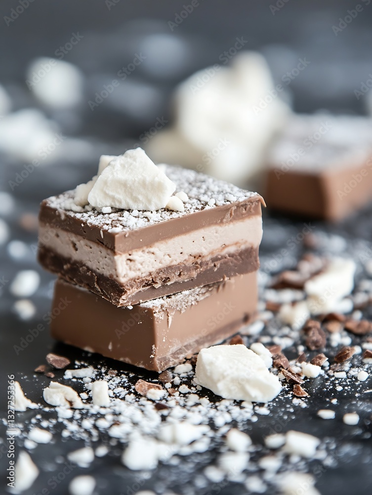Poster delicious layered chocolate dessert square with whipped cream topping and powdered sugar on a dark s