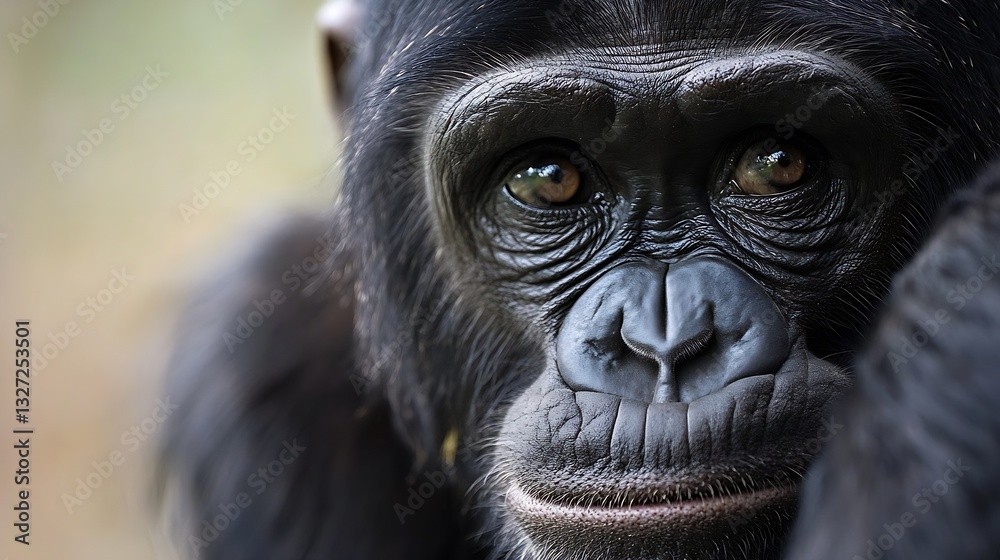 Poster closeup portrait of a thoughtful chimpanzee showcasing its striking facial features and expression :