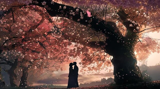 Traumhaftes Brautpaar unter bl&uuml;hendem Kirschbaum