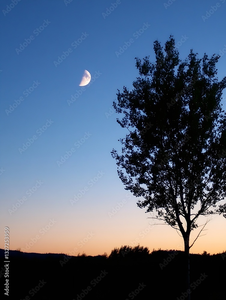 Poster Serene night sky with a crescent moon and a solitary tree creating a peaceful ambiance : Generative AI