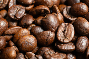 Organic coffee beans detailed texture close up