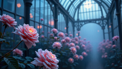 Enchanted roses glowing in a misty greenhouse