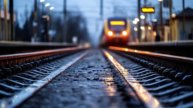 CloseUp of Train Tracks Leading Into a Foggy Station at Dusk : Generative AI - Powered by Adobe