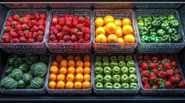 Fresh Produce Display in Supermarket Refrigerated Section Showing Strawberries Oranges Green Peppers Cabbage and Mandarin Oranges in Organized Clear Bins