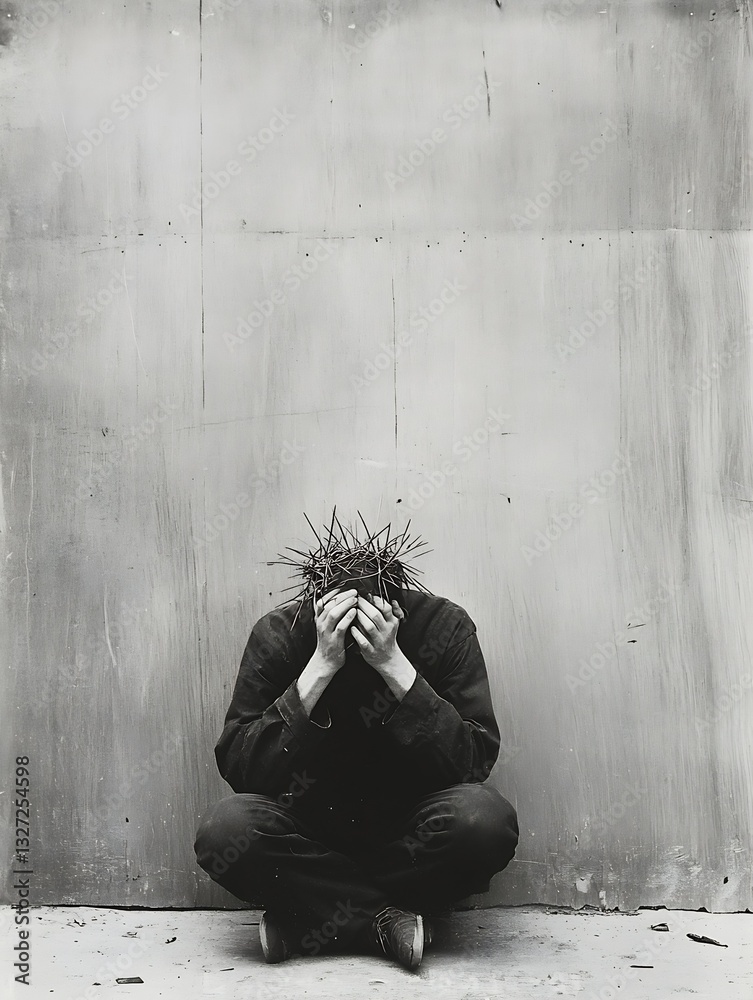 Poster artistic black and white image portraying a person with hands covering face symbolizing deep thought