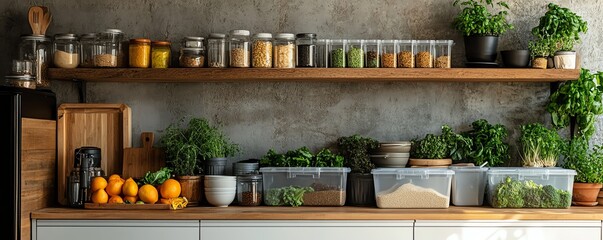 Fototapeta premium A zerowaste kitchen, with reusable containers, compost bins, and fresh produce