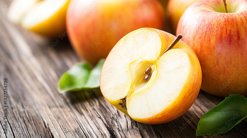 Aufkleber freshly picked juicy apples sliced on rustic wooden table with leaves highlighting natural elegance 