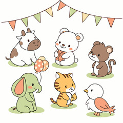 Collection Cute Cartoon Animals: Cow, Rabbit, Tiger, Koala, Dog, Cat, Mouse, Water Buffalo, Sheep, Horse, Frog, Hen, Chick & Eggs