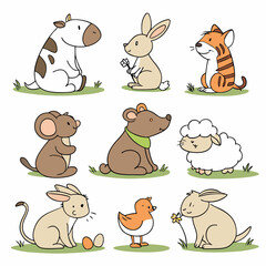 Collection Cute Cartoon Animals: Cow, Rabbit, Tiger, Koala, Dog, Cat, Mouse, Water Buffalo, Sheep, Horse, Frog, Hen, Chick & Eggs