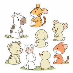 Collection Cute Cartoon Animals: Cow, Rabbit, Tiger, Koala, Dog, Cat, Mouse, Water Buffalo, Sheep, Horse, Frog, Hen, Chick & Eggs