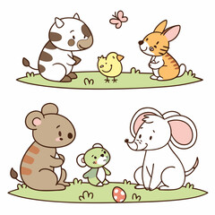 Collection Cute Cartoon Animals: Cow, Rabbit, Tiger, Koala, Dog, Cat, Mouse, Water Buffalo, Sheep, Horse, Frog, Hen, Chick & Eggs