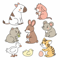 Collection Cute Cartoon Animals: Cow, Rabbit, Tiger, Koala, Dog, Cat, Mouse, Water Buffalo, Sheep, Horse, Frog, Hen, Chick & Eggs