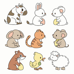 Collection Cute Cartoon Animals: Cow, Rabbit, Tiger, Koala, Dog, Cat, Mouse, Water Buffalo, Sheep, Horse, Frog, Hen, Chick & Eggs