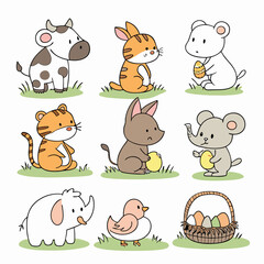 Fototapeta premium Collection Cute Cartoon Animals: Cow, Rabbit, Tiger, Koala, Dog, Cat, Mouse, Water Buffalo, Sheep, Horse, Frog, Hen, Chick & Eggs